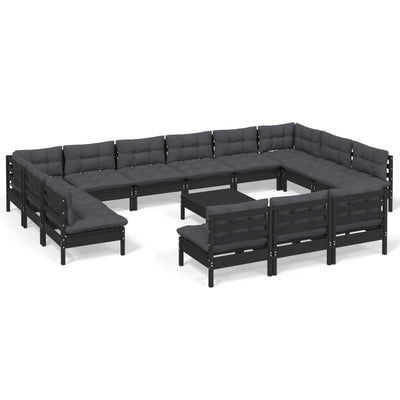 14 Piece Garden Lounge Set with Cushions Black Solid Pinewood