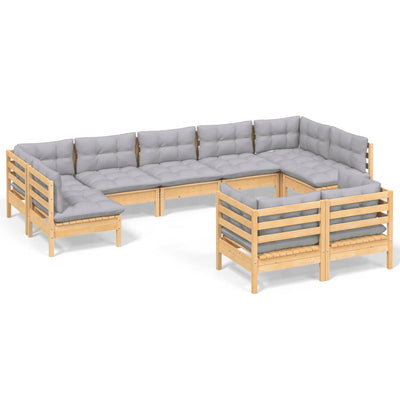 9 Piece Garden Lounge Set with Grey Cushions Solid Pinewood