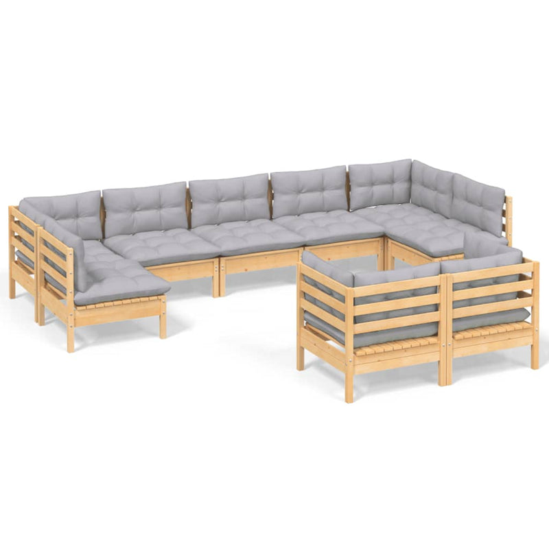 9 Piece Garden Lounge Set with Grey Cushions Solid Pinewood