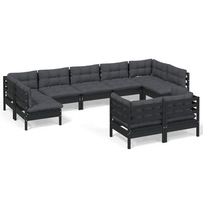 9 Piece Garden Lounge Set with Cushions Black Solid Pinewood