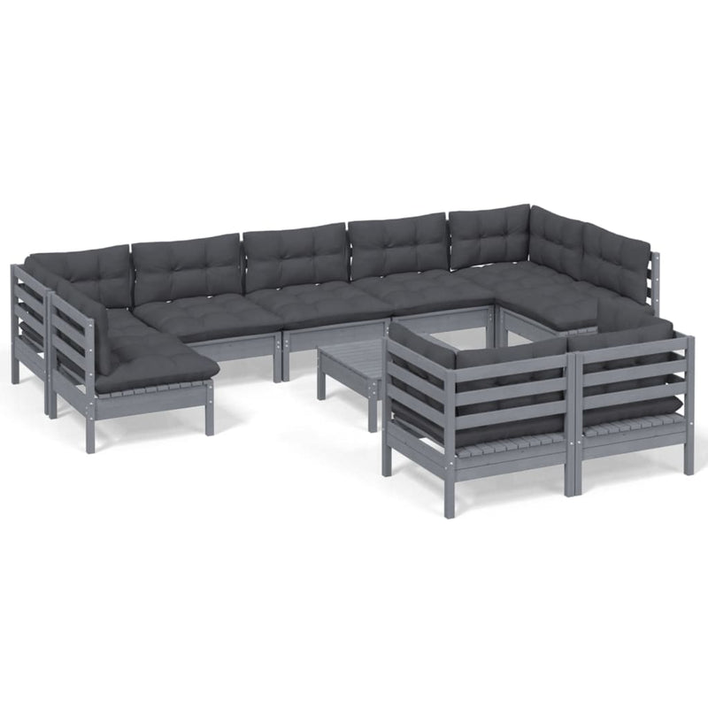 10 Piece Garden Lounge Set with Cushions Grey Solid Pinewood