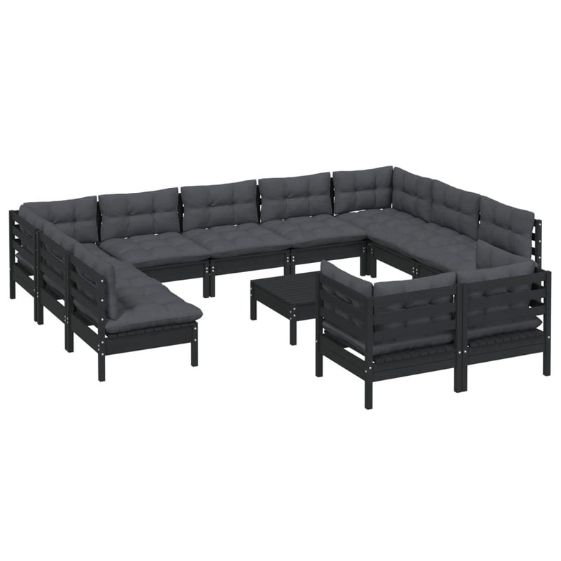 12 Piece Garden Lounge Set with Cushions Black Solid Pinewood