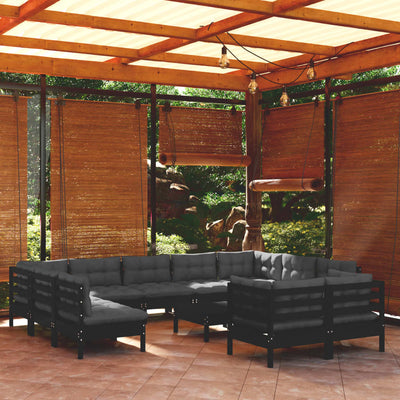 12 Piece Garden Lounge Set with Cushions Black Solid Pinewood