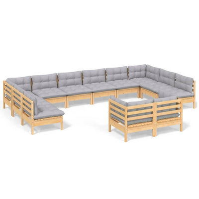 12 Piece Garden Lounge Set with Grey Cushions Solid Pinewood