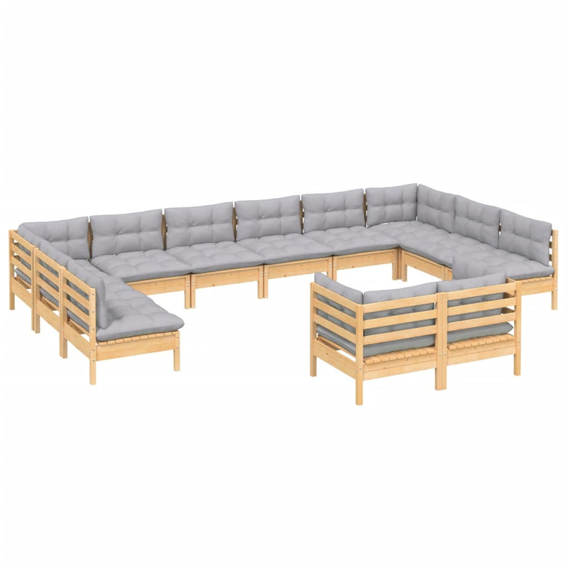 12 Piece Garden Lounge Set with Grey Cushions Solid Pinewood