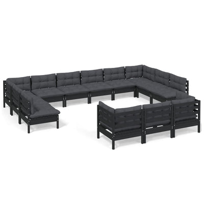 13 Piece Garden Lounge Set with Cushions Black Pinewood