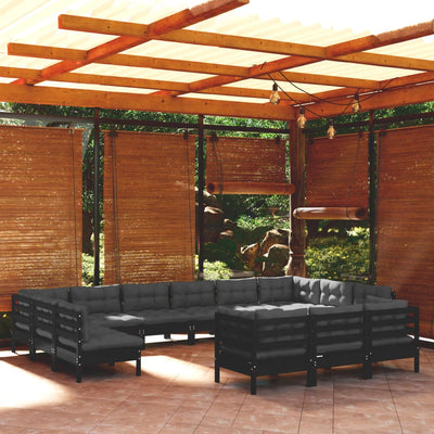 13 Piece Garden Lounge Set with Cushions Black Pinewood