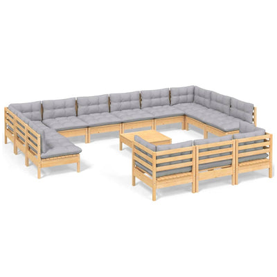 14 Piece Garden Lounge Set with Grey Cushions Pinewood