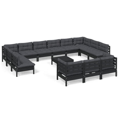 14 Piece Garden Lounge Set with Cushions Black Pinewood