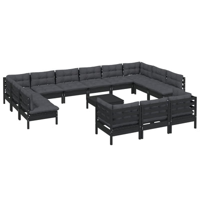 14 Piece Garden Lounge Set with Cushions Black Pinewood