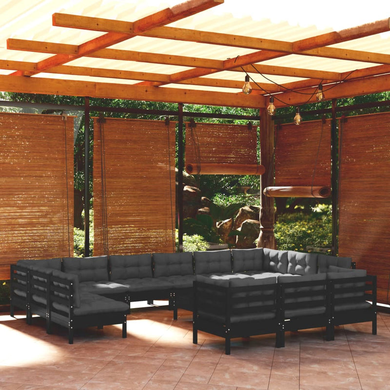 14 Piece Garden Lounge Set with Cushions Black Pinewood