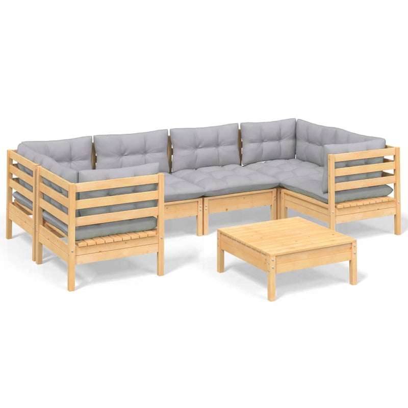 7 Piece Garden Lounge Set with Grey Cushions Pinewood