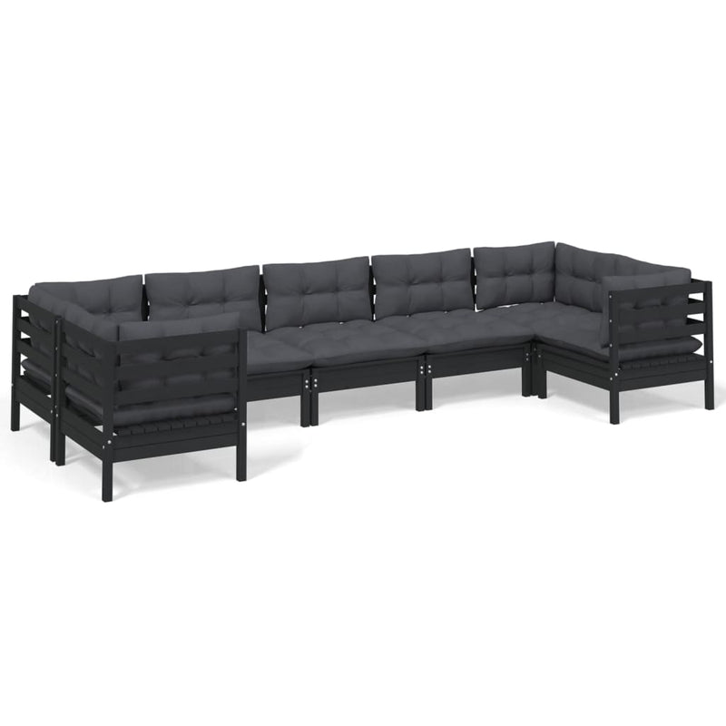 7 Piece Garden Lounge Set with Cushions Black Pinewood