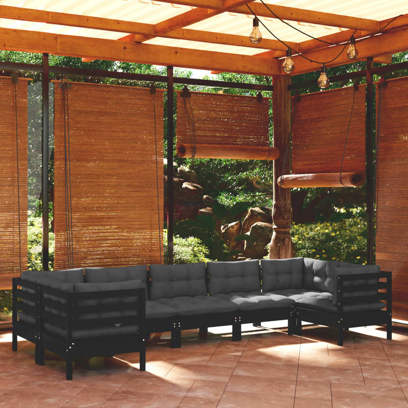 7 Piece Garden Lounge Set with Cushions Black Pinewood