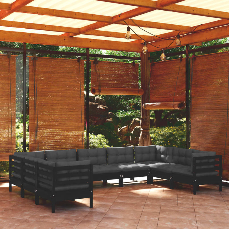 9 Piece Garden Lounge Set with Cushions Black Pinewood