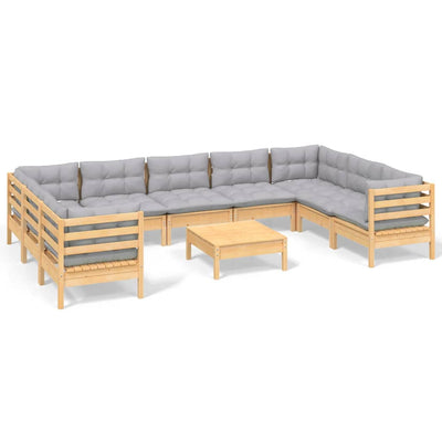 10 Piece Garden Lounge Set with Grey Cushions Pinewood