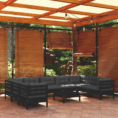 10 Piece Garden Lounge Set with Cushions Black Pinewood