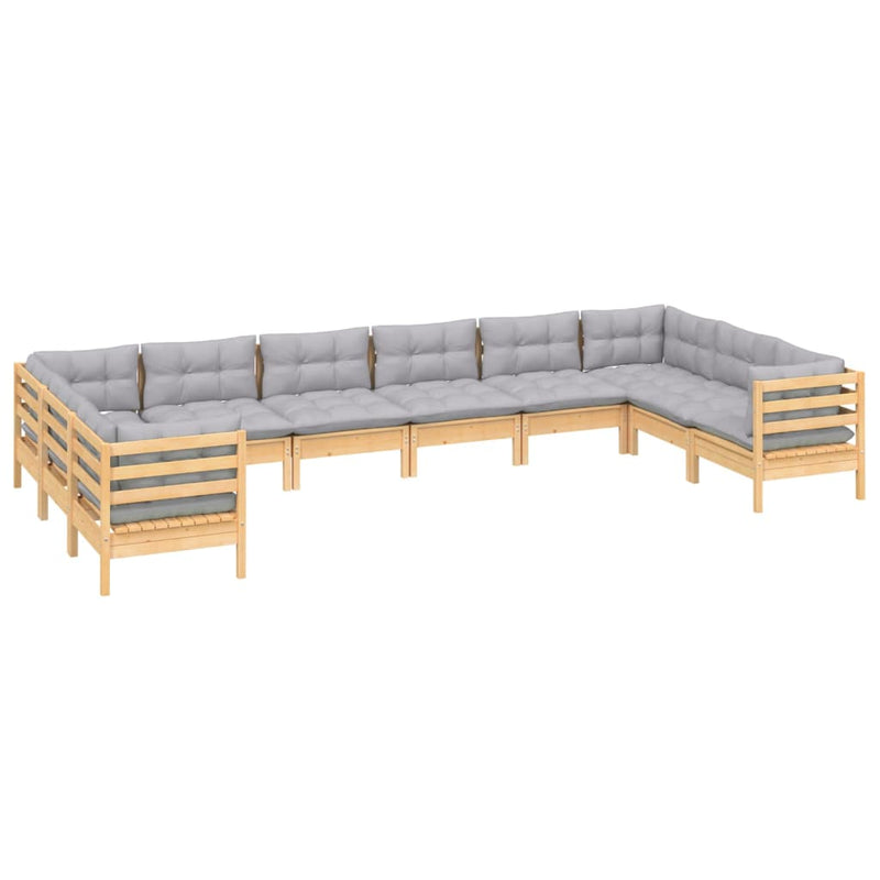 10 Piece Garden Lounge Set with Grey Cushions Pinewood