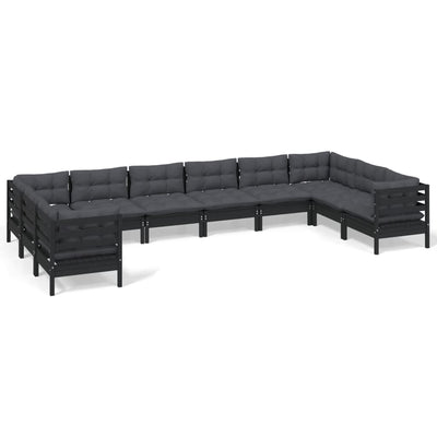 10 Piece Garden Lounge Set with Cushions Black Pinewood