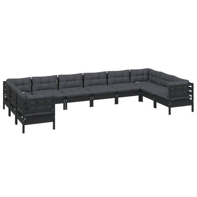 10 Piece Garden Lounge Set with Cushions Black Pinewood