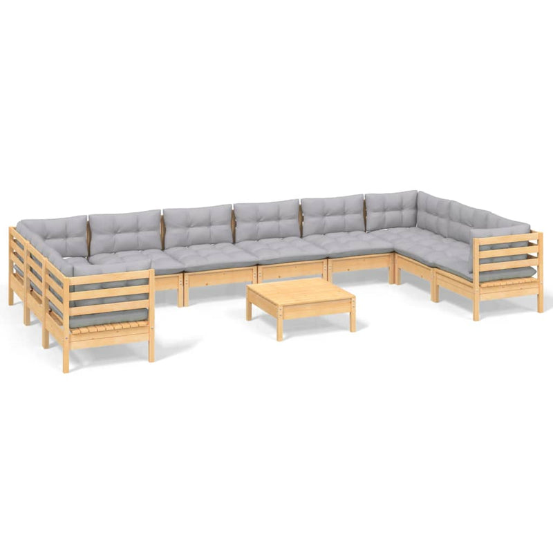 11 Piece Garden Lounge Set with Grey Cushions Pinewood