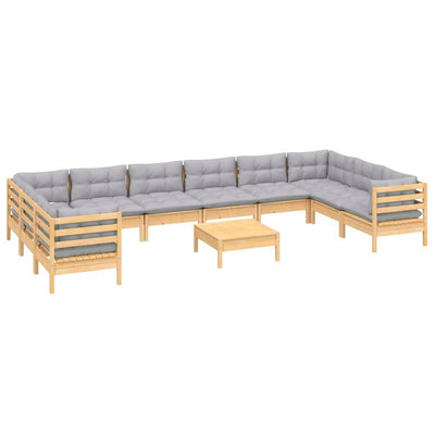 11 Piece Garden Lounge Set with Grey Cushions Pinewood