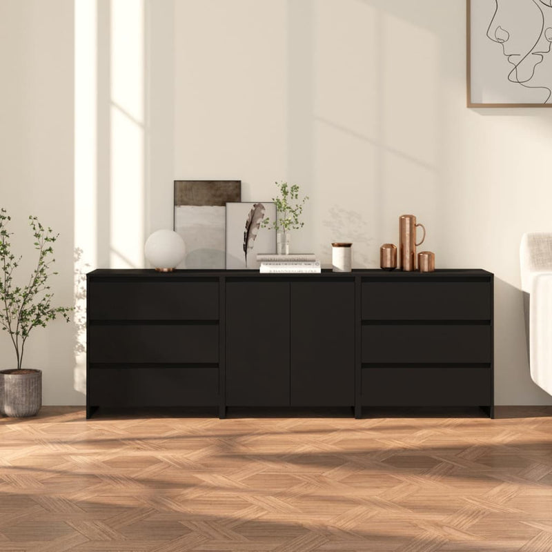 3 Piece Sideboard Black Engineered Wood