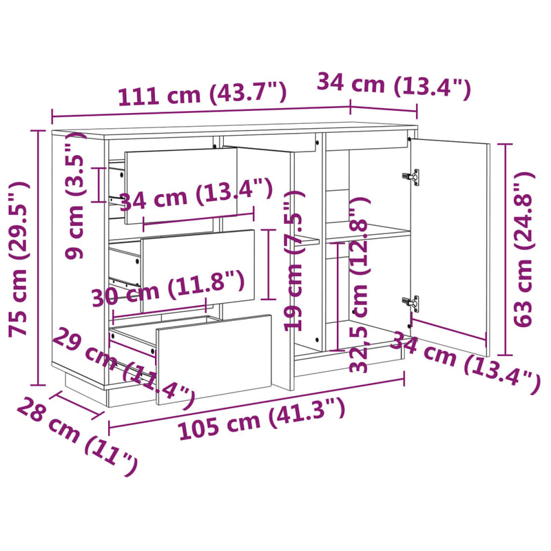 Sideboard 111x34x75 cm Solid Wood Pine