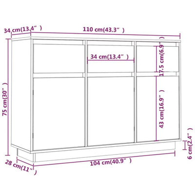 Sideboard White 110x34x75 cm Solid Wood Pine