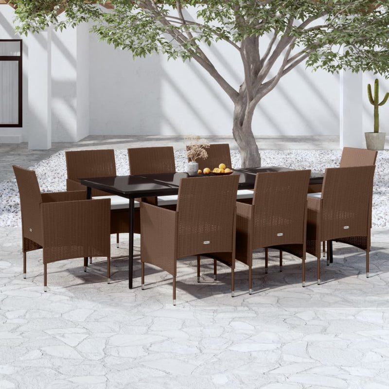 9 Piece Garden Dining Set with Cushions Brown and Black