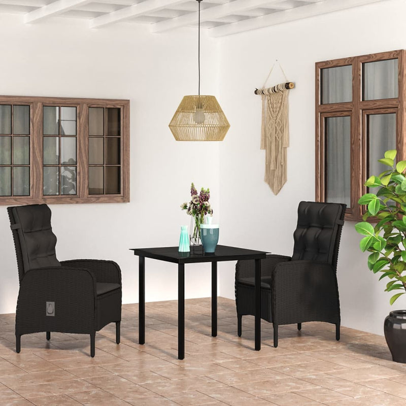 3 Piece Garden Dining Set with Cushions Black