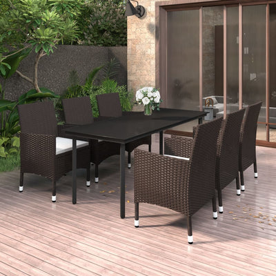 7 Piece Garden Dining Set with Cushions Poly Rattan and Glass