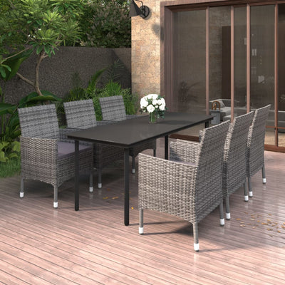 7 Piece Garden Dining Set with Cushions Poly Rattan and Glass