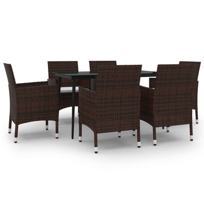 7 Piece Garden Dining Set with Cushions Poly Rattan and Glass