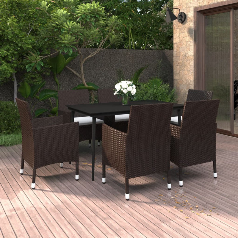 7 Piece Garden Dining Set with Cushions Poly Rattan and Glass