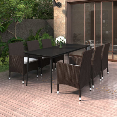 7 Piece Garden Dining Set with Cushions Poly Rattan and Glass