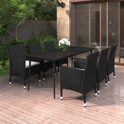 7 Piece Garden Dining Set with Cushions Poly Rattan and Glass