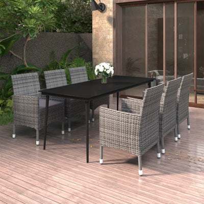 7 Piece Garden Dining Set with Cushions Poly Rattan and Glass