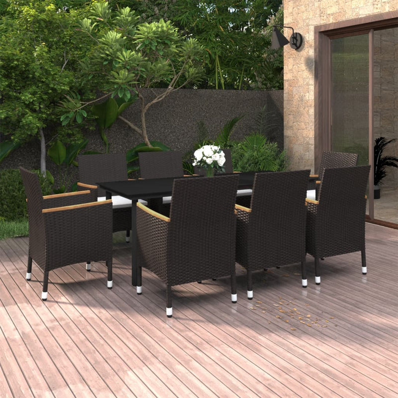 9 Piece Garden Dining Set with Cushions Poly Rattan and Glass