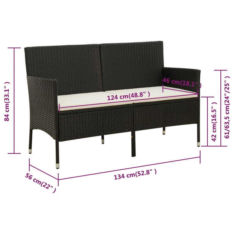 3-Seater Garden Sofa with Cushion Black Poly Rattan