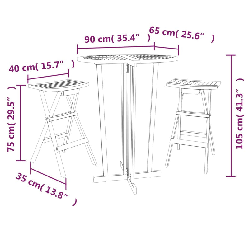 3 Piece Folding Bar Set Solid Wood Teak