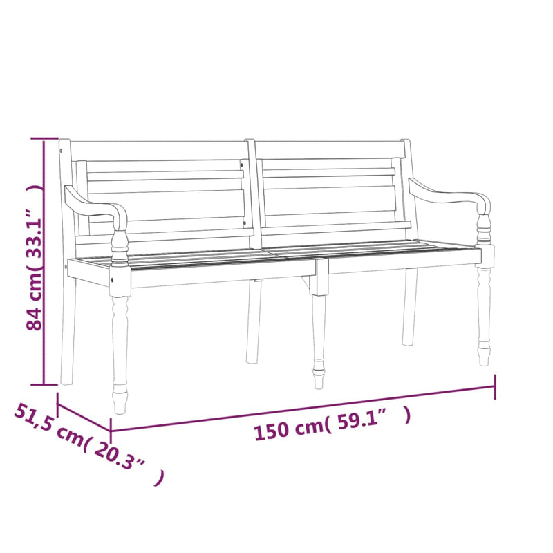 Batavia Bench with Red Cushion 150 cm Solid Wood Teak