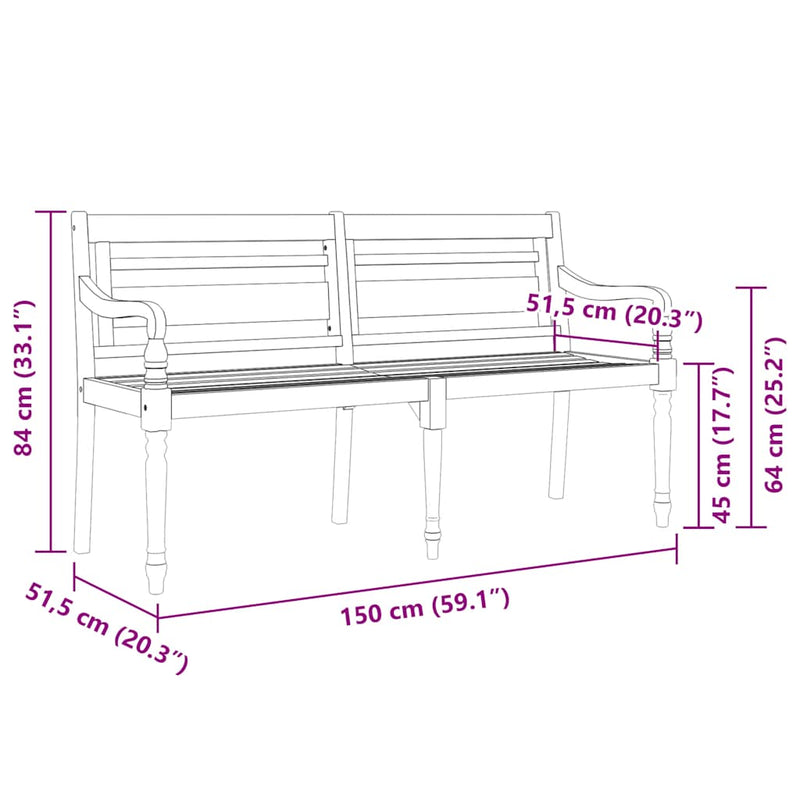 Batavia Bench with Black Cushion 150 cm Solid Wood Teak