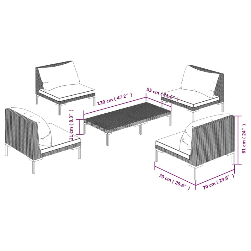 5 Piece Garden Lounge Set with Cushions Poly Rattan Dark Grey