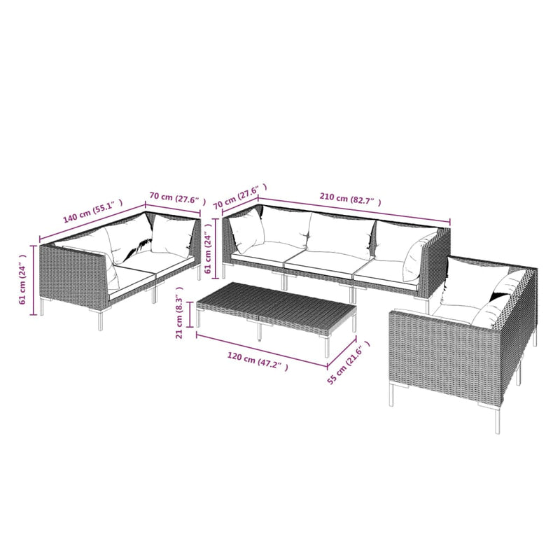 8 Piece Garden Lounge Set with Cushions Poly Rattan Dark Grey