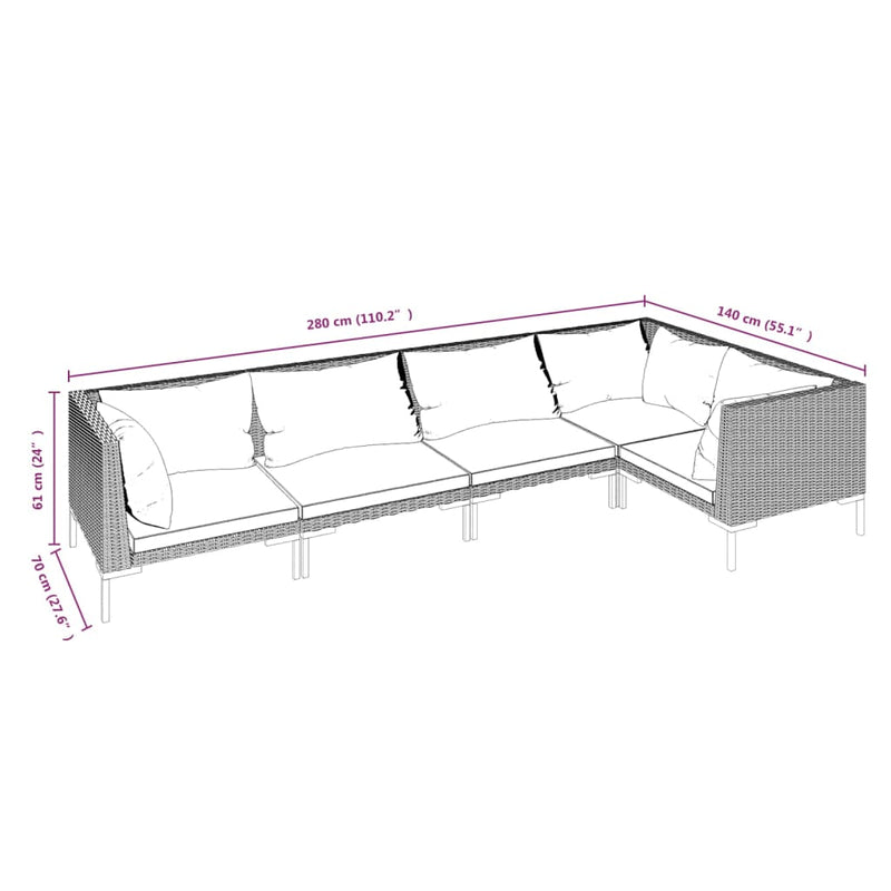 5 Piece Garden Lounge Set with Cushions Poly Rattan Dark Grey