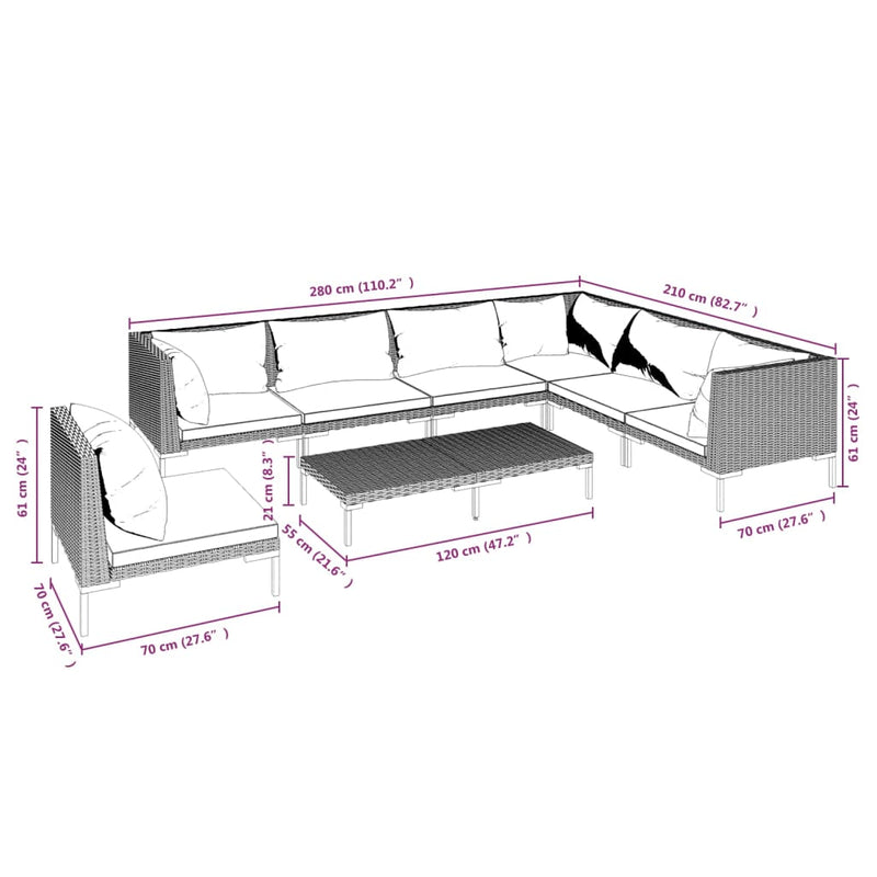 8 Piece Garden Lounge Set with Cushions Poly Rattan Dark Grey