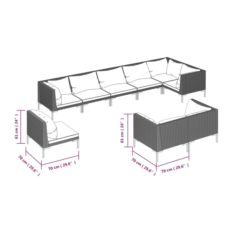 9 Piece Garden Lounge Set with Cushions Round Rattan Dark Grey