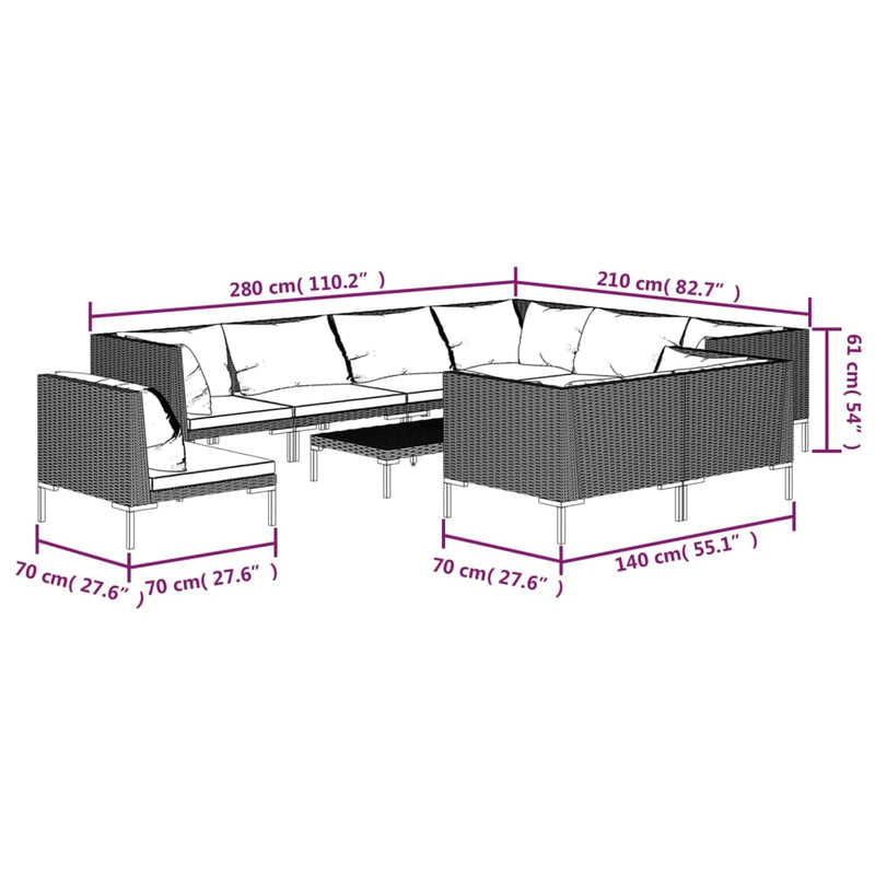 10 Piece Garden Lounge Set with Cushions Poly Rattan Dark Grey