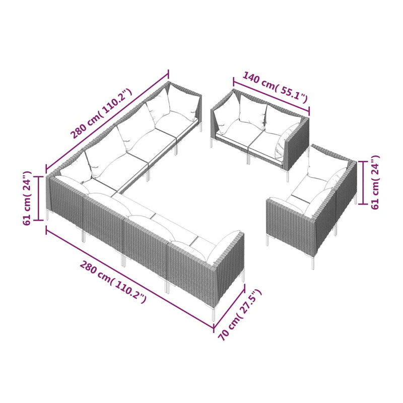 11 Piece Garden Lounge Set with Cushions Poly Rattan Dark Grey